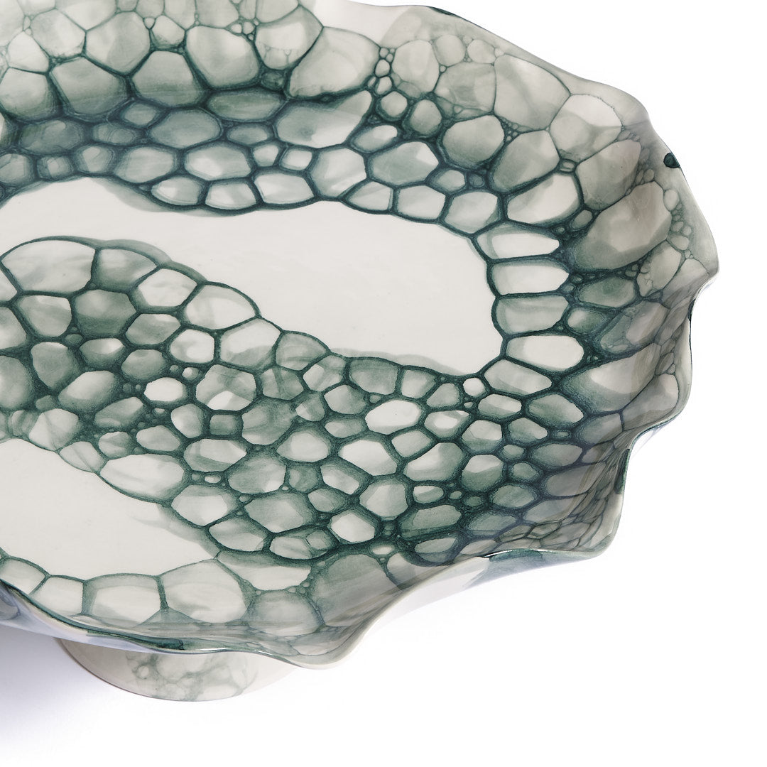 LARGE CAKE STAND / RAISED PLATTER, TEAL - DB CERAMIC