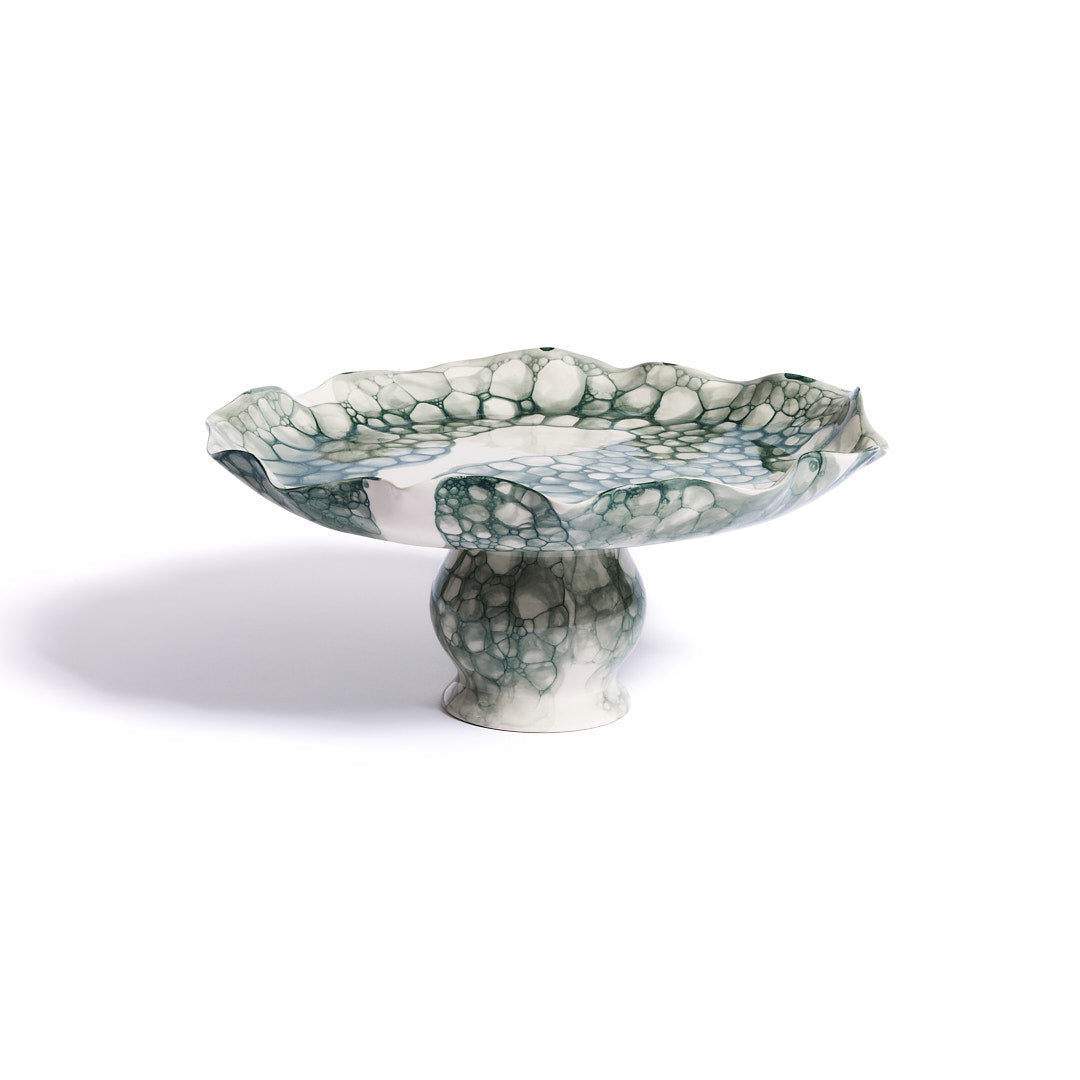 LARGE CAKE STAND / RAISED PLATTER, TEAL - DB CERAMIC